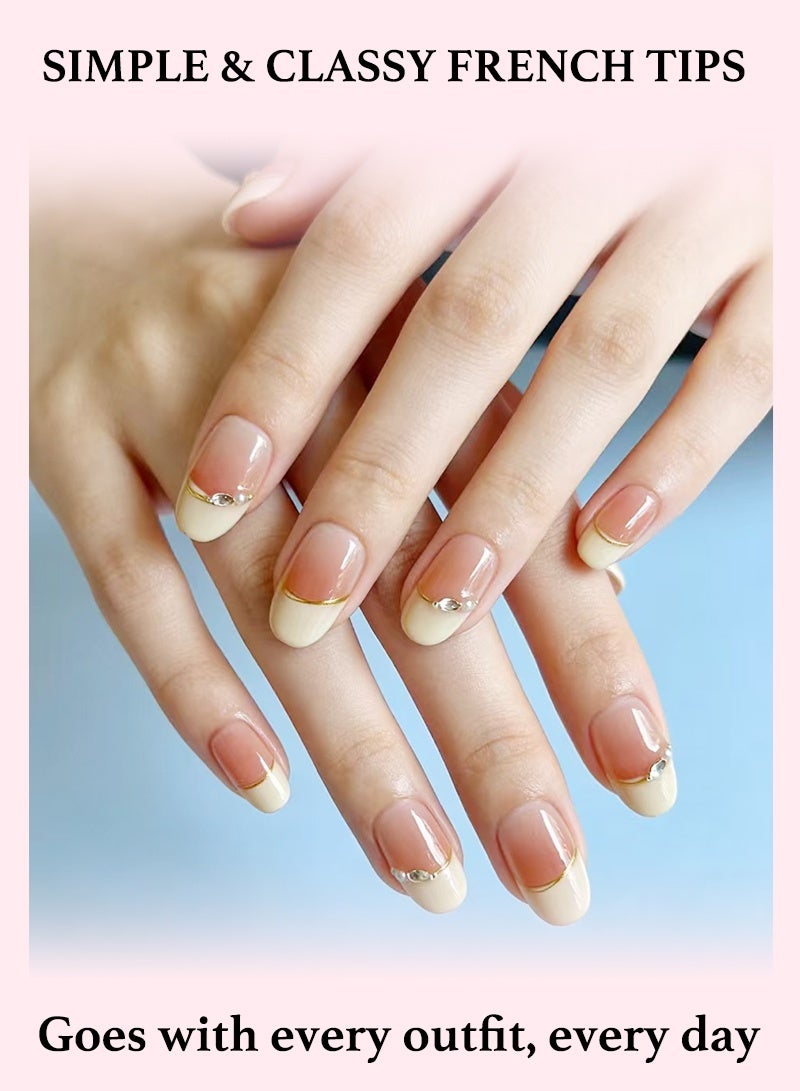 French Tip Press On Nails-Nude Pink Gradient with Gold Line & Rhinestone Accents - Image 3